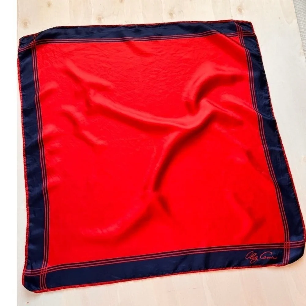 Oleg Cassini Red Navy Blue Silk Square Scarf Made in Italy Hand Rolled 26in